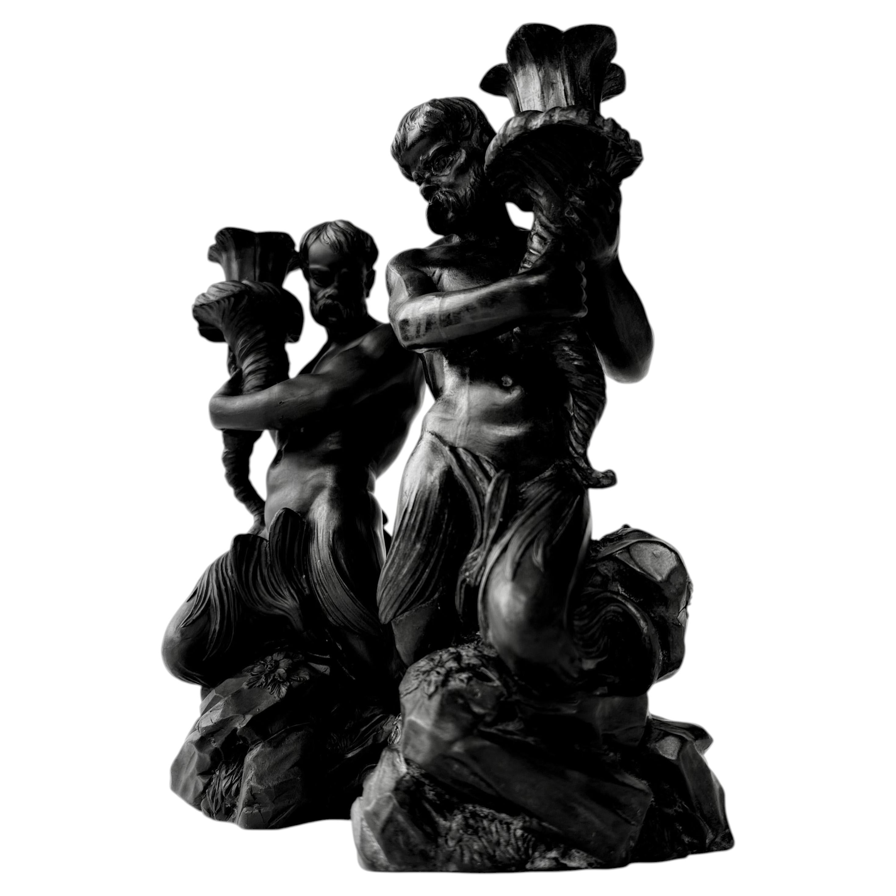 Coppia di candelabri Triton di Wedgwood del 18° secolo in ceramica basaltica in vendita