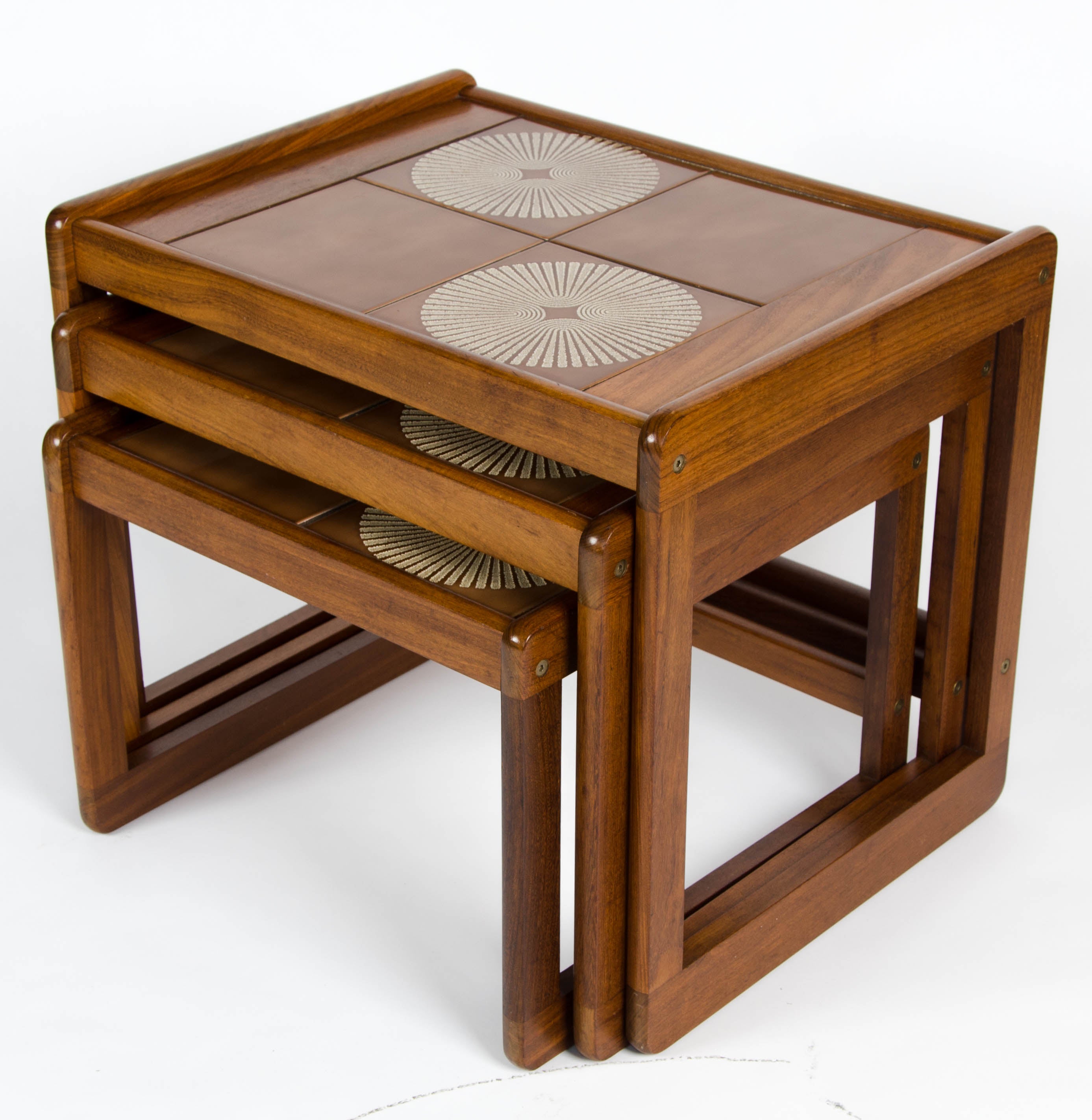 Nest of Three Teak Tables with Inset Tile Top For Sale