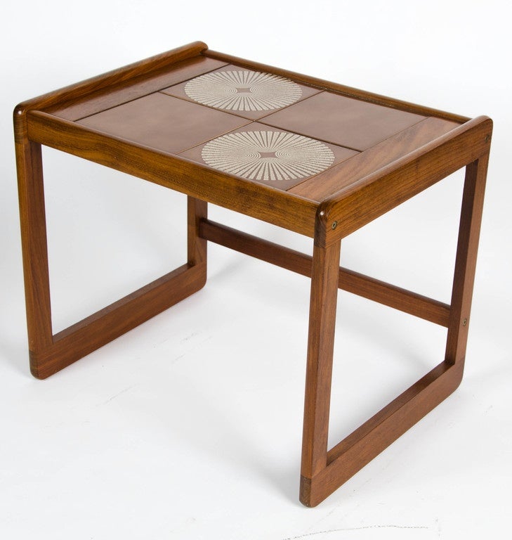 Mid-Century Modern Nest of Three Teak Tables with Inset Tile Top For Sale