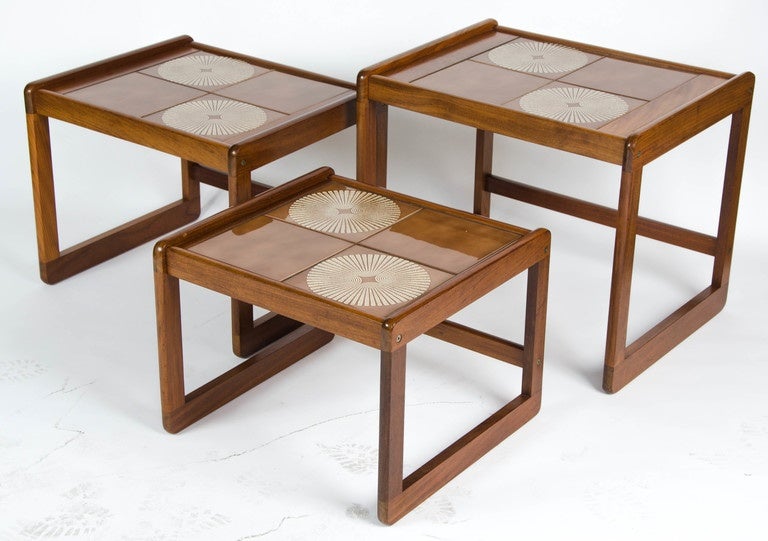 Joinery Nest of Three Teak Tables with Inset Tile Top For Sale