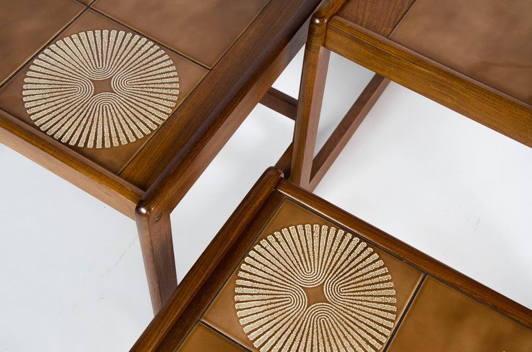 Nest of Three Teak Tables with Inset Tile Top In Excellent Condition For Sale In Nottingham, GB