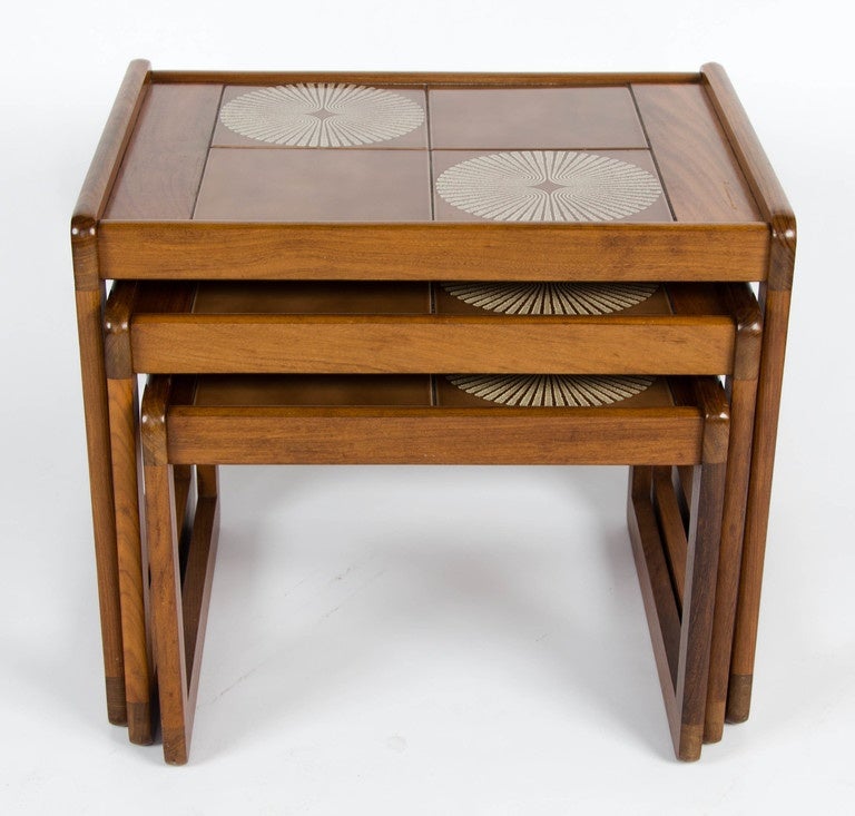 Ceramic Nest of Three Teak Tables with Inset Tile Top For Sale