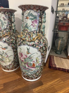 Pair of Monumental Chinese Famille Noire Millefleurs Floor Vases, 95 cm