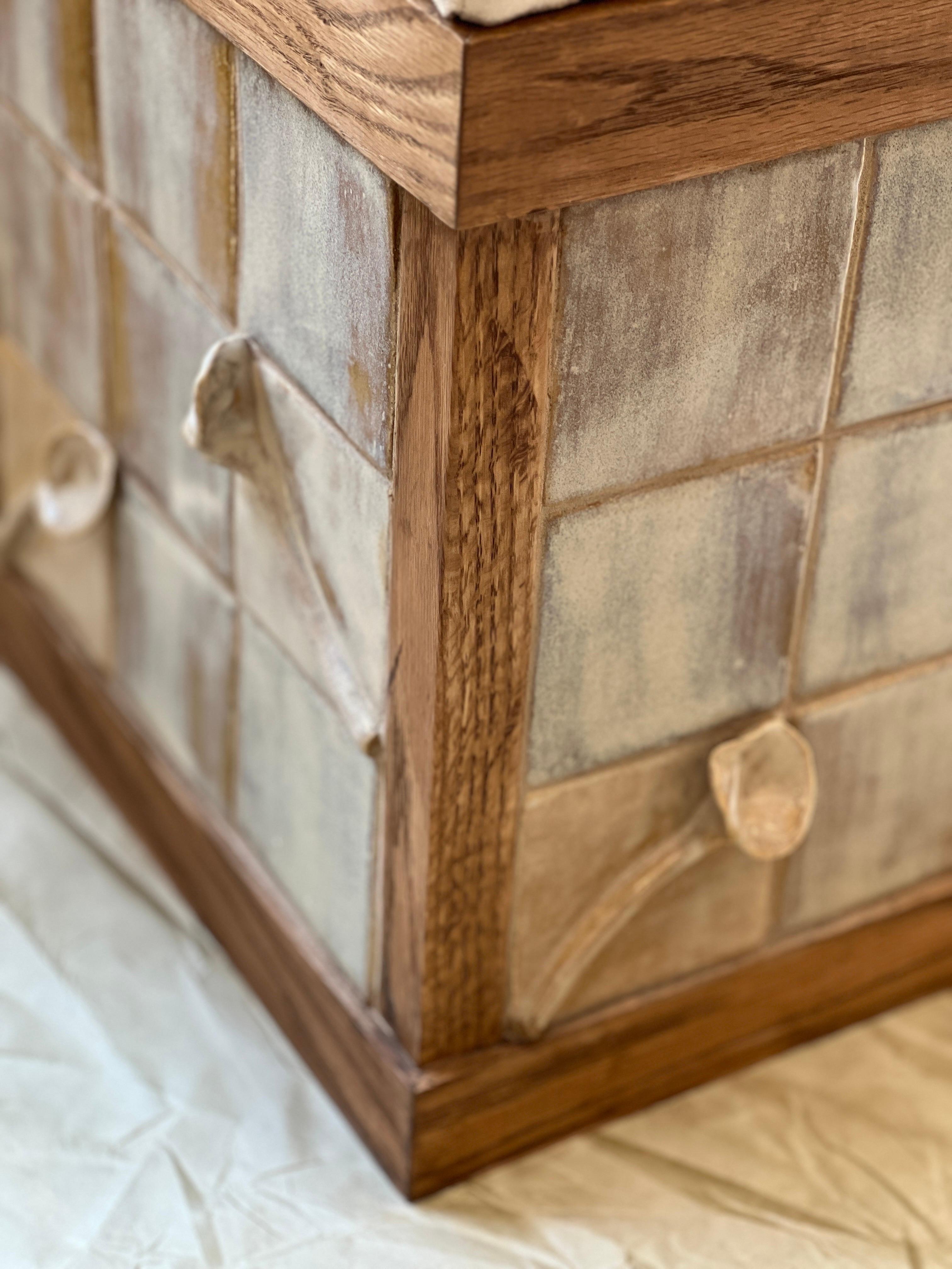 Organic Modern Stool with Ceramic Tiles and White Oak Frame For Sale