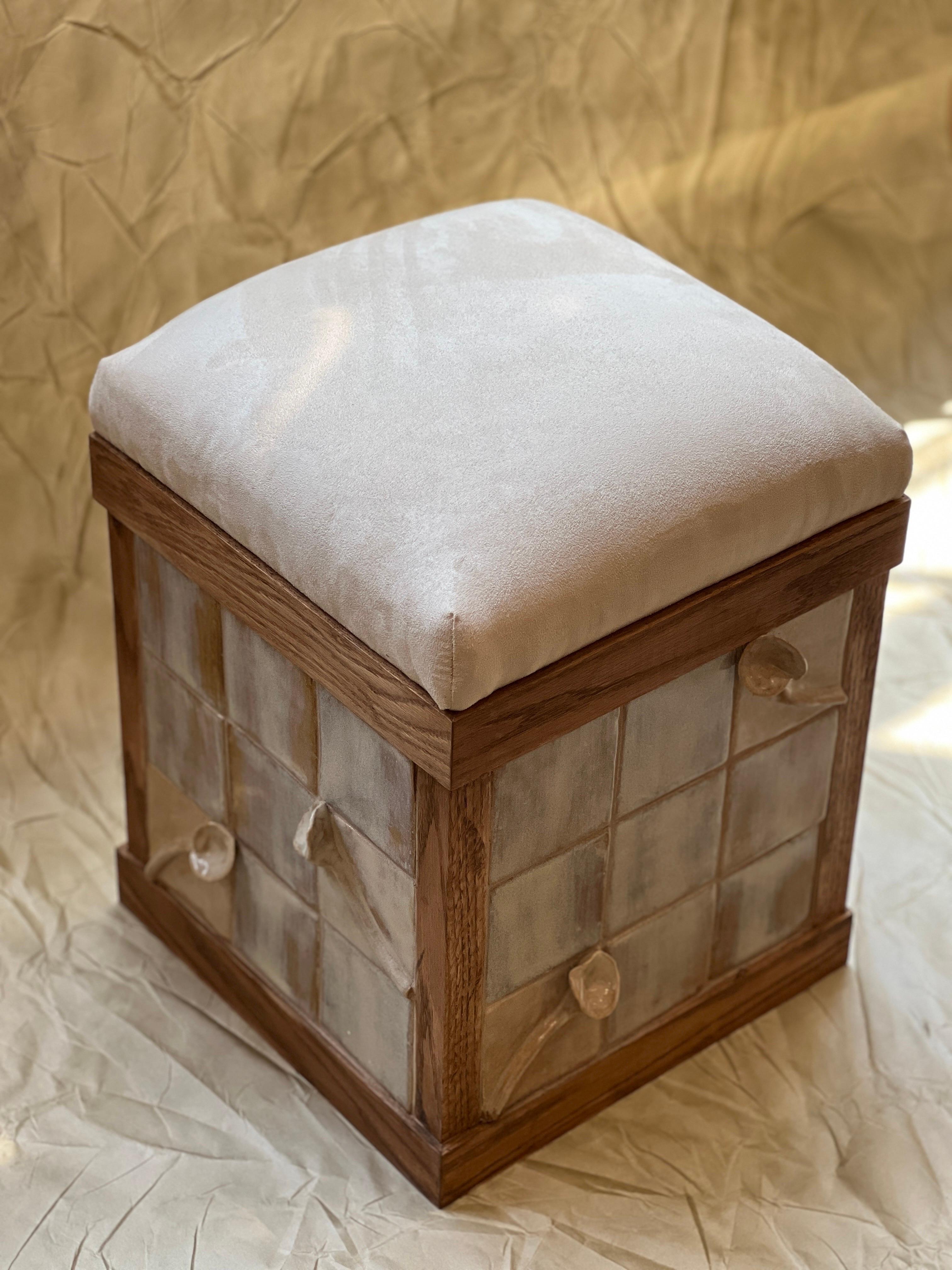 Hand-Crafted Stool with Ceramic Tiles and White Oak Frame For Sale
