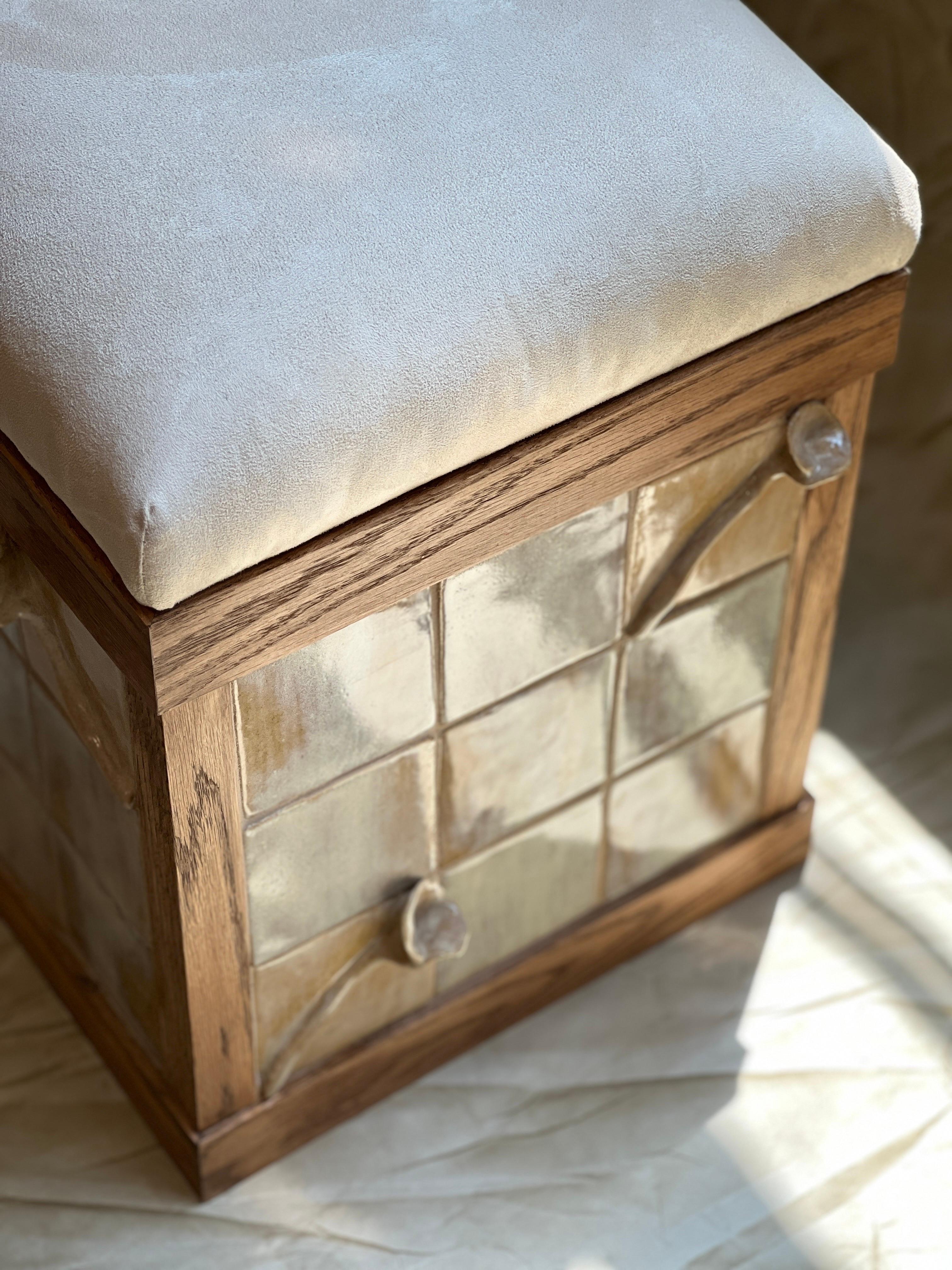 American Stool with Ceramic Tiles and White Oak Frame For Sale