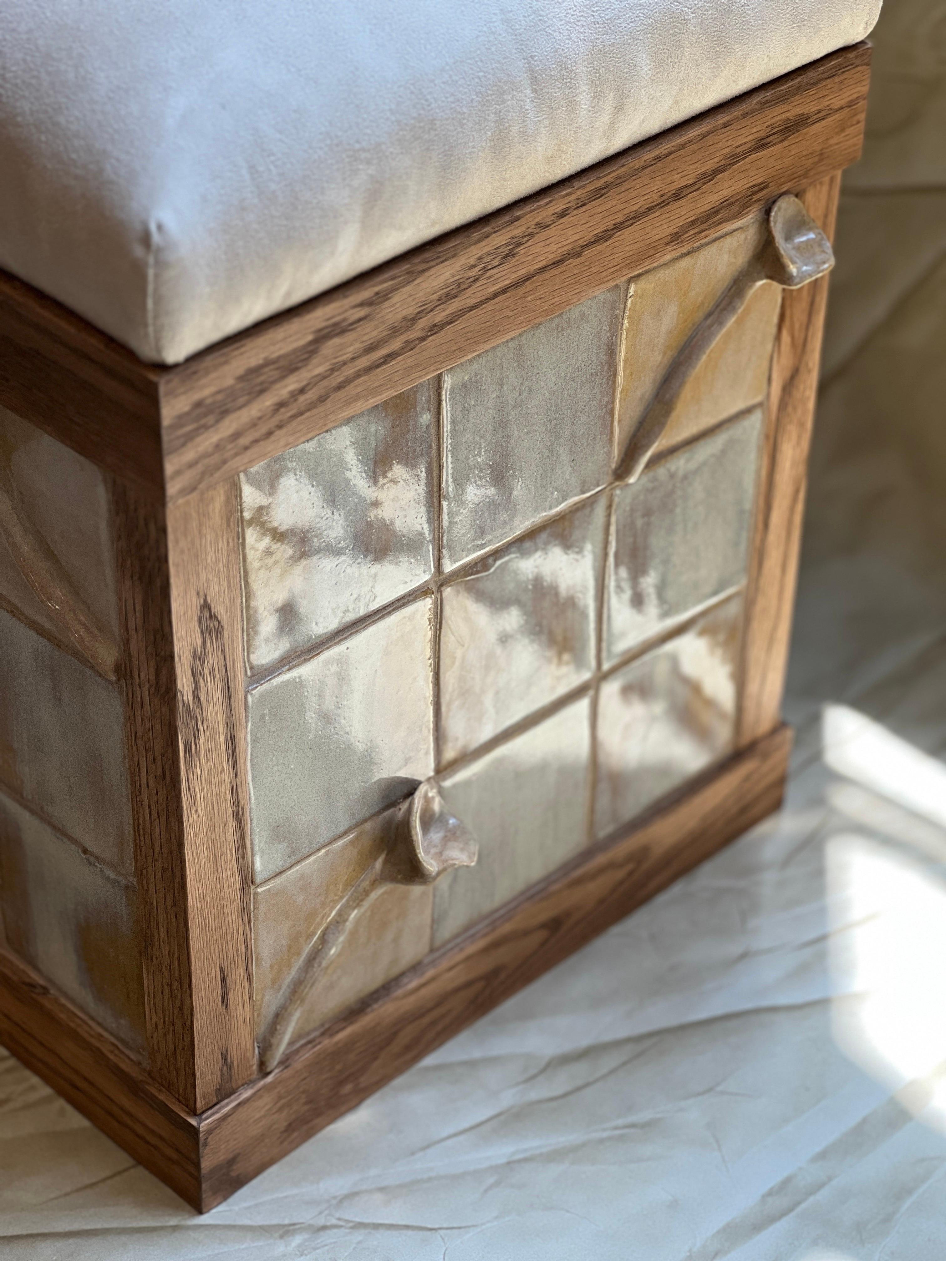 Contemporary Stool with Ceramic Tiles and White Oak Frame For Sale