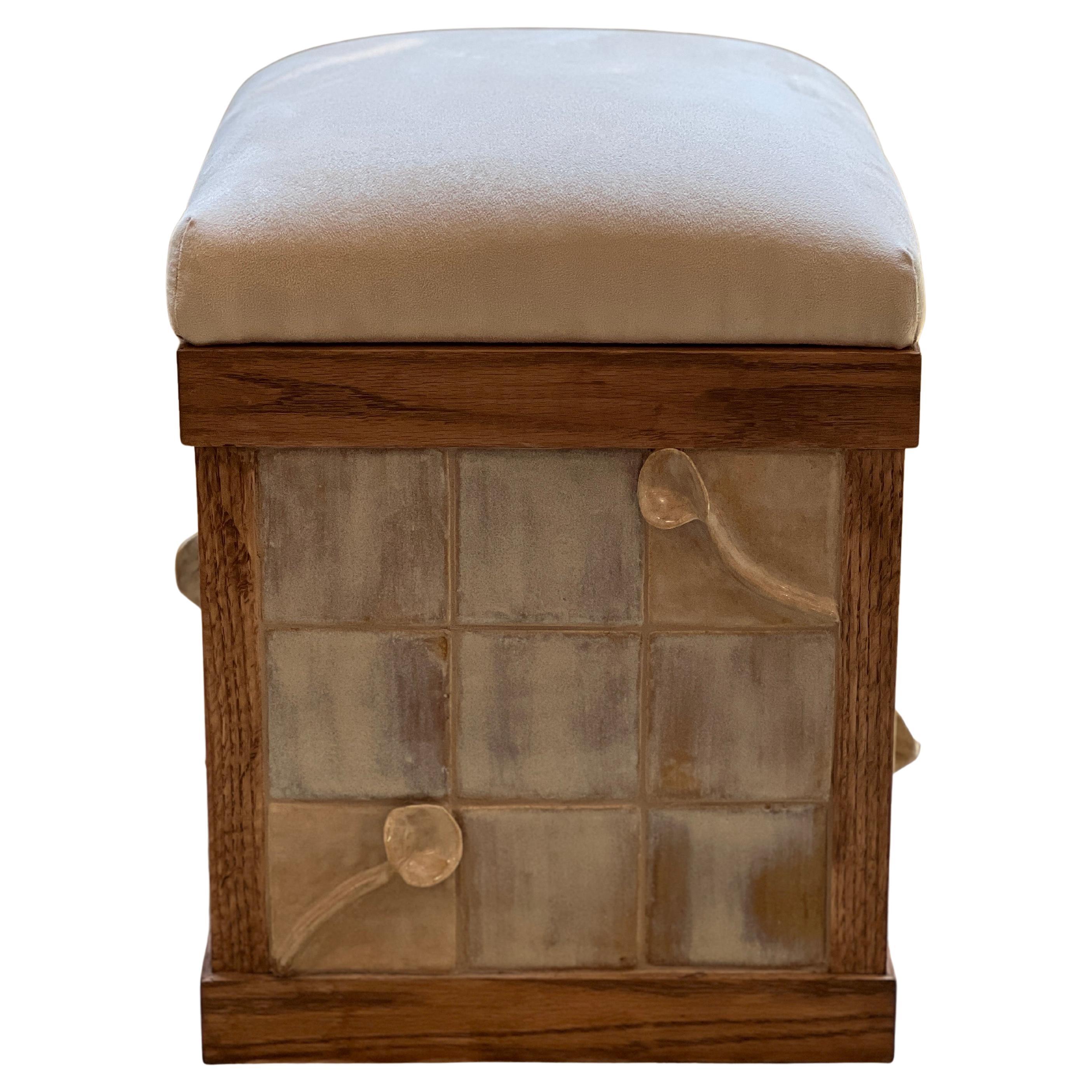 Stool with Ceramic Tiles and White Oak Frame For Sale