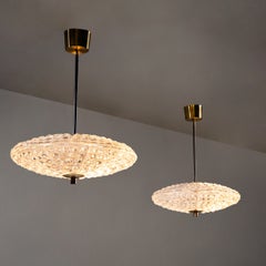 Pair of Pendant Lights in Orrefors Crystal and Brass, by Carl Fagerlund