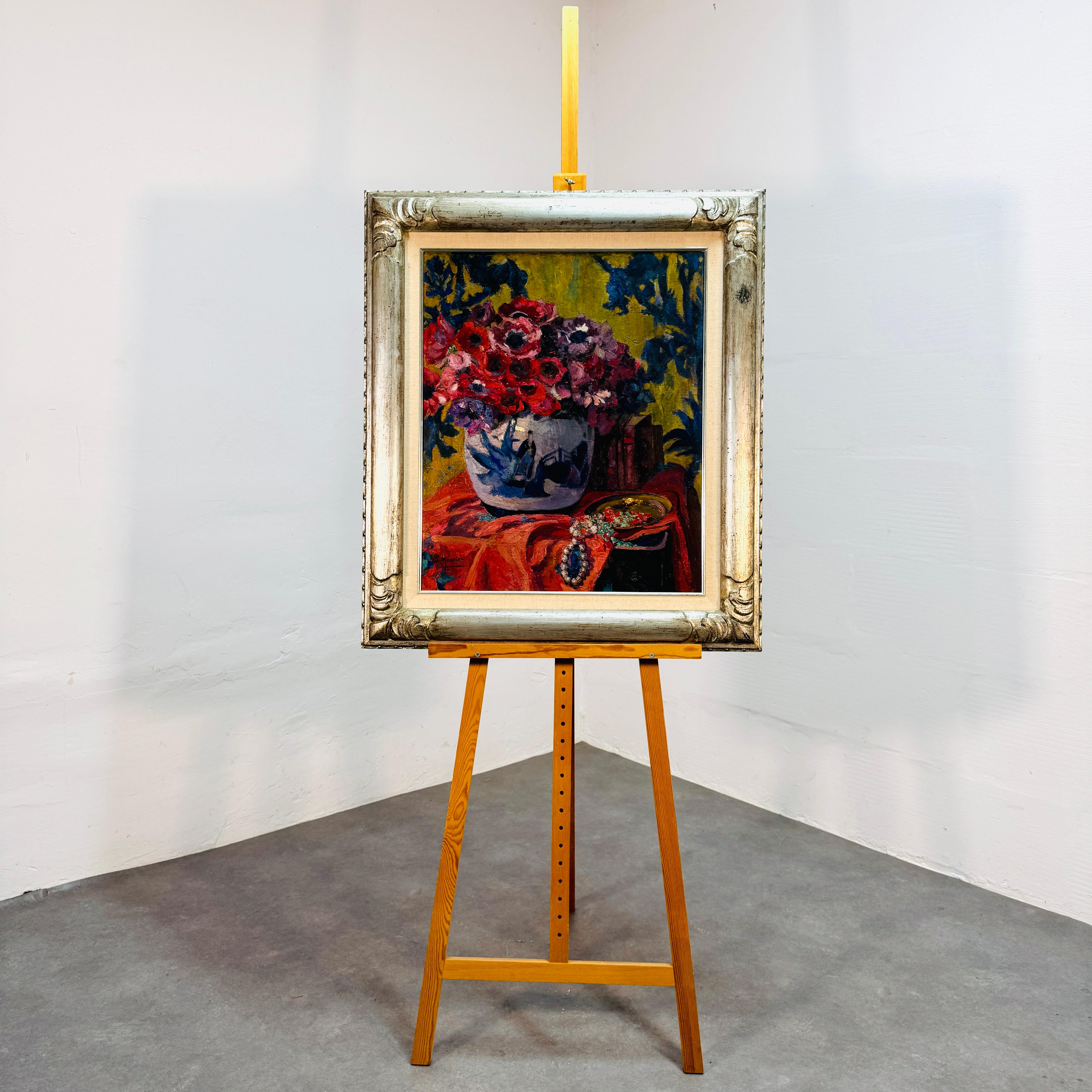 Simone Marie Meunier (Paris 1890-?)

Sie stellte im Salon des Artistes Français aus, dem sie seit 1920 angehört,
1924 erhält sie eine Auszeichnung und einen Preis der Académie Savoie.

Impressionistisches Blumenstillleben, chinesischer
