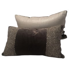 Pillow of Antique Espresso Panné Silk Velvet With Silver Embroidered Panels