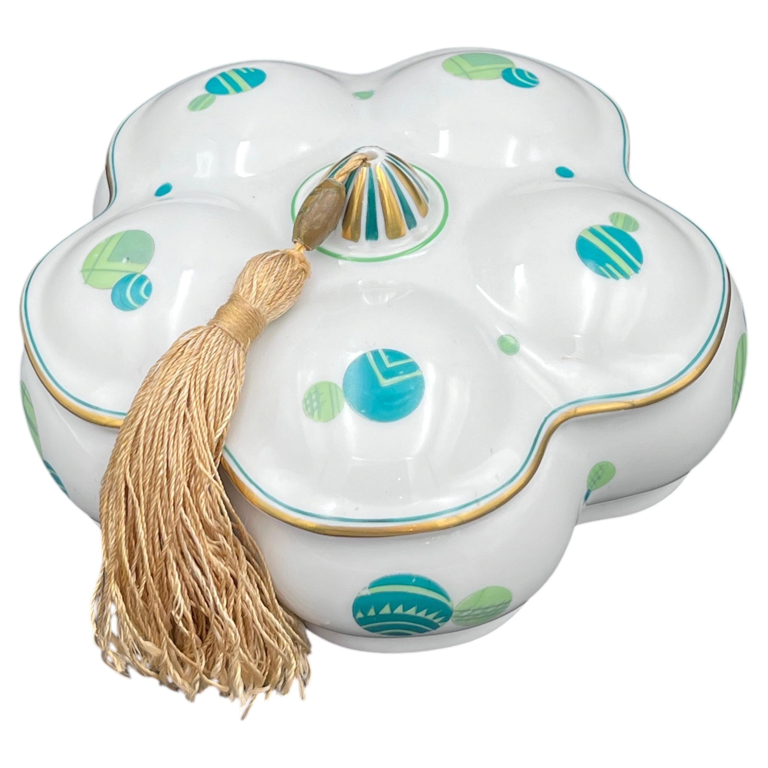 1926 German Art Deco Thomas Bavaria Mint Green Teal Lidded Porcelain Vanity Box For Sale