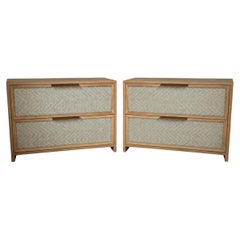 Set of 2 Luxury Oak Nightstands with Brushed Brass Details & Textured Fabric