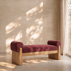 Hibi Bench – Sculptural Bench in Solid Oak with Pierre Frey Mohair