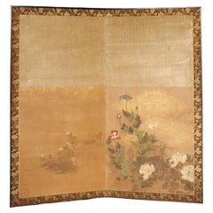 Antique B31 Japanese Antiques 2panels, paper, folding Screen with flower