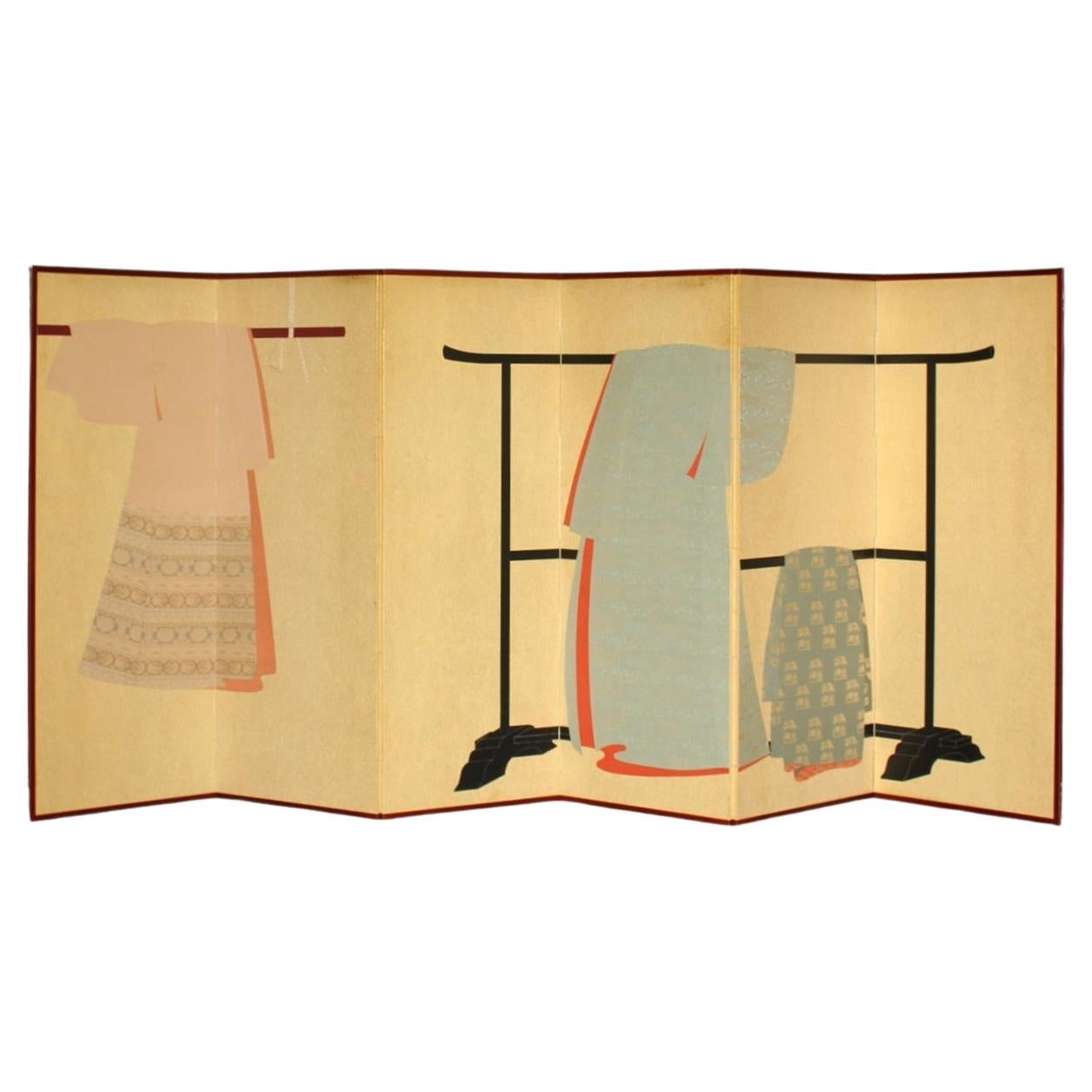 B32 Old Japanese 6panels, paper, folding Screen Dagasode 誰が袖 Byobu Kimono For Sale