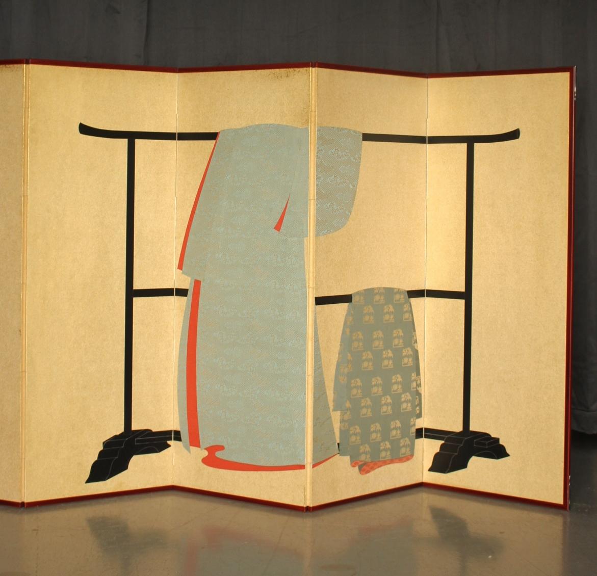 B32 Old Japanese 6panels, paper, folding Screen Dagasode 誰が袖 Byobu Kimono In Good Condition For Sale In Niiza, JP