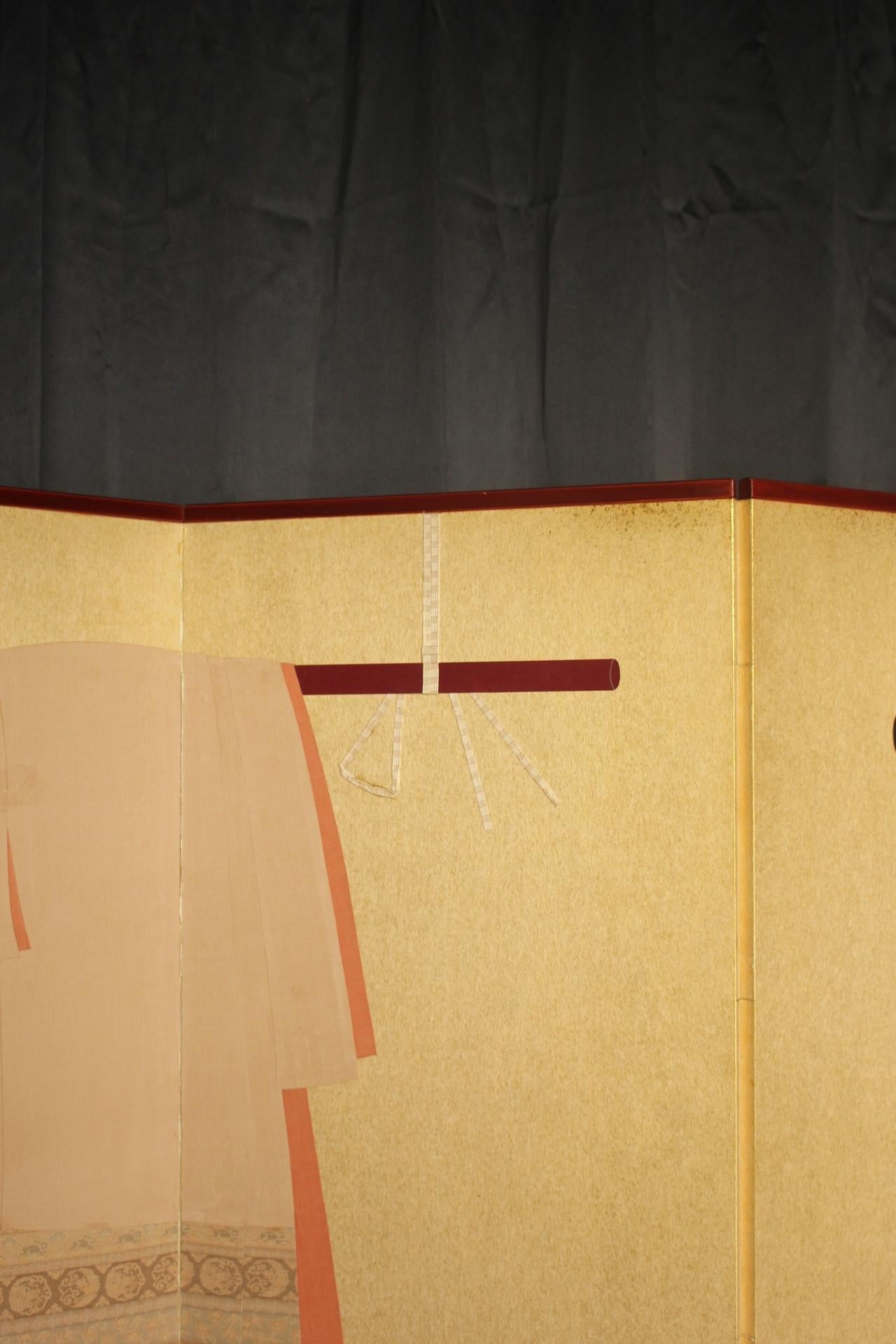 Paper B32 Old Japanese 6panels, paper, folding Screen Dagasode 誰が袖 Byobu Kimono For Sale