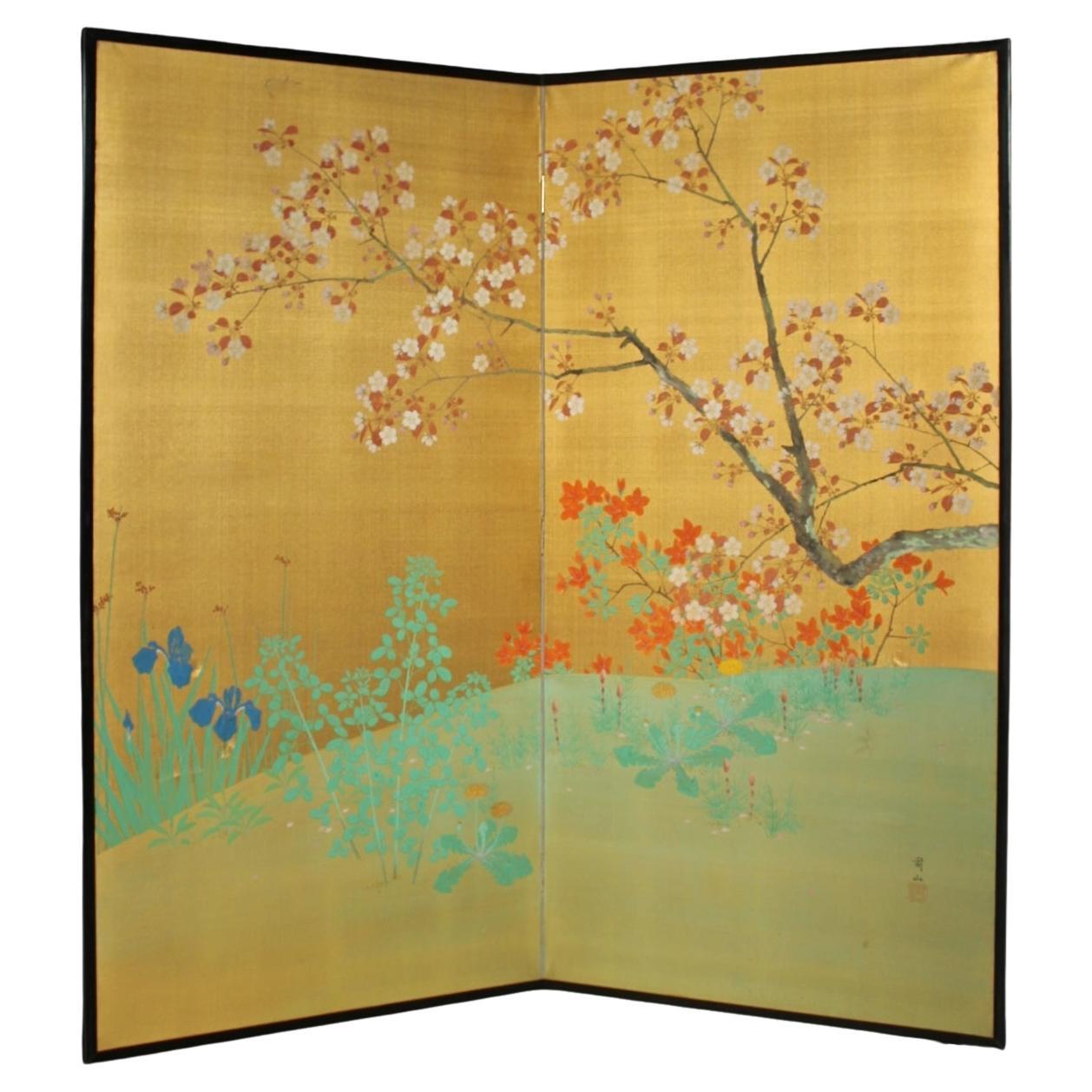 B35 Antiquités japonaises Paravent à fond d'or avec fleurs, 2 panneaux