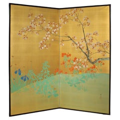 B35 Japanese Antiques Gold background flowers folding screen, 2-panel