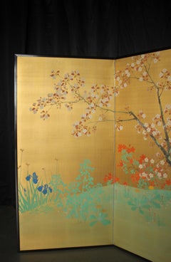 B35 Japanese Antiques Gold background flowers folding screen, 2-panel