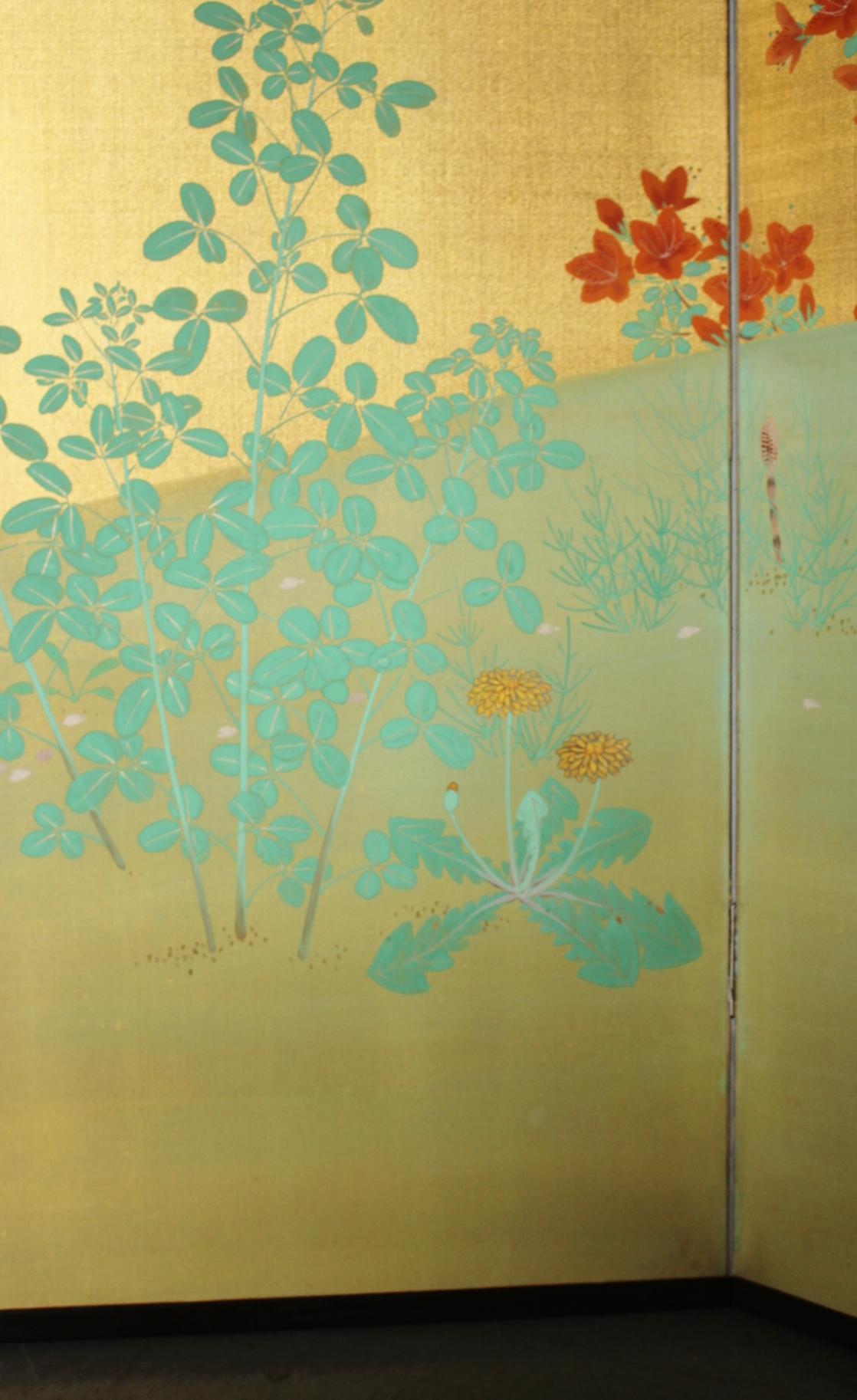 B35 Japanische Antiquitäten Goldhintergrund Blumen Faltwand, 2-tlg. im Angebot 4