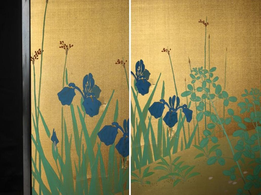 B35 Japanische Antiquitäten Goldhintergrund Blumen Faltwand, 2-tlg. im Angebot 2