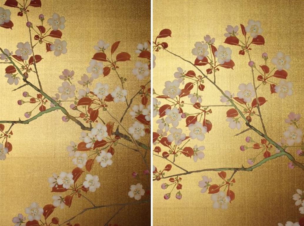B35 Japanische Antiquitäten Goldhintergrund Blumen Faltwand, 2-tlg. (Papier) im Angebot