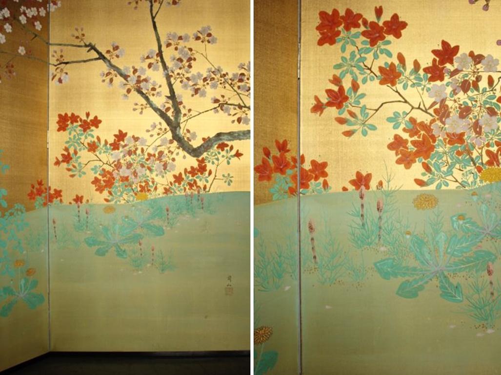 B35 Japanische Antiquitäten Goldhintergrund Blumen Faltwand, 2-tlg. im Angebot 9