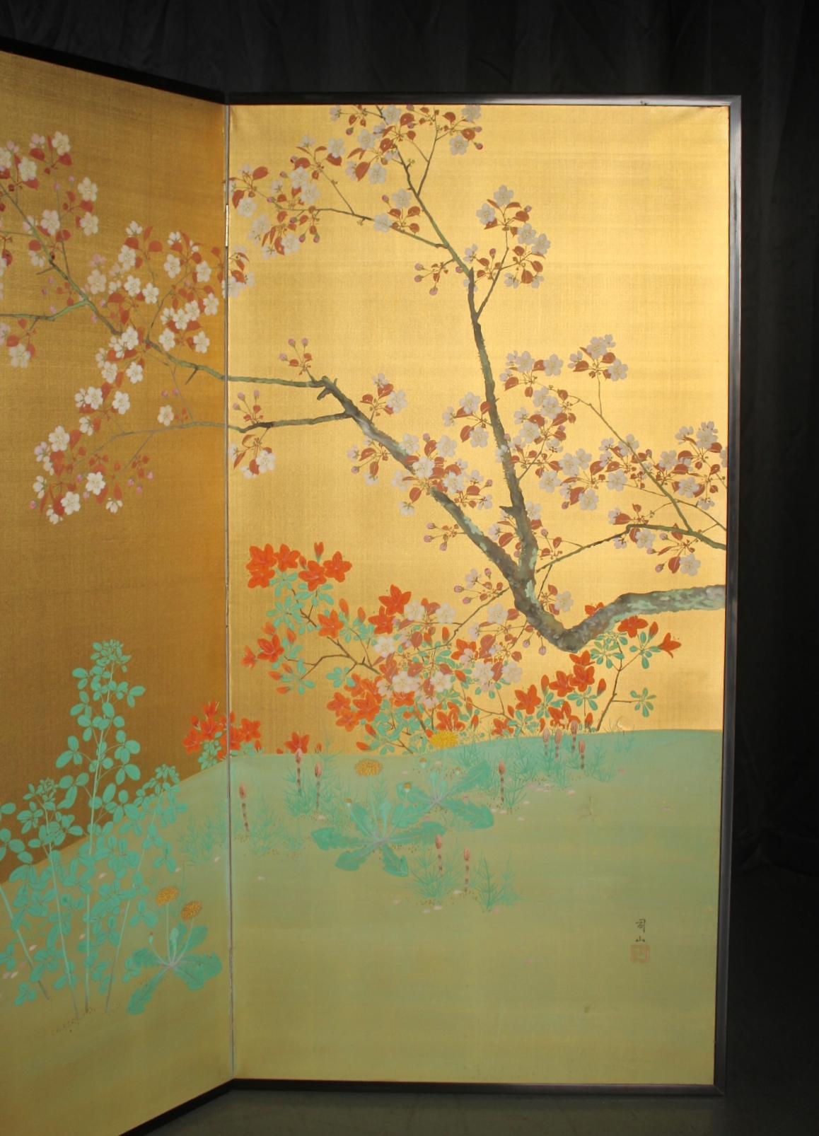 B35 Japanische Antiquitäten Goldhintergrund Blumen Faltwand, 2-tlg. im Angebot 6
