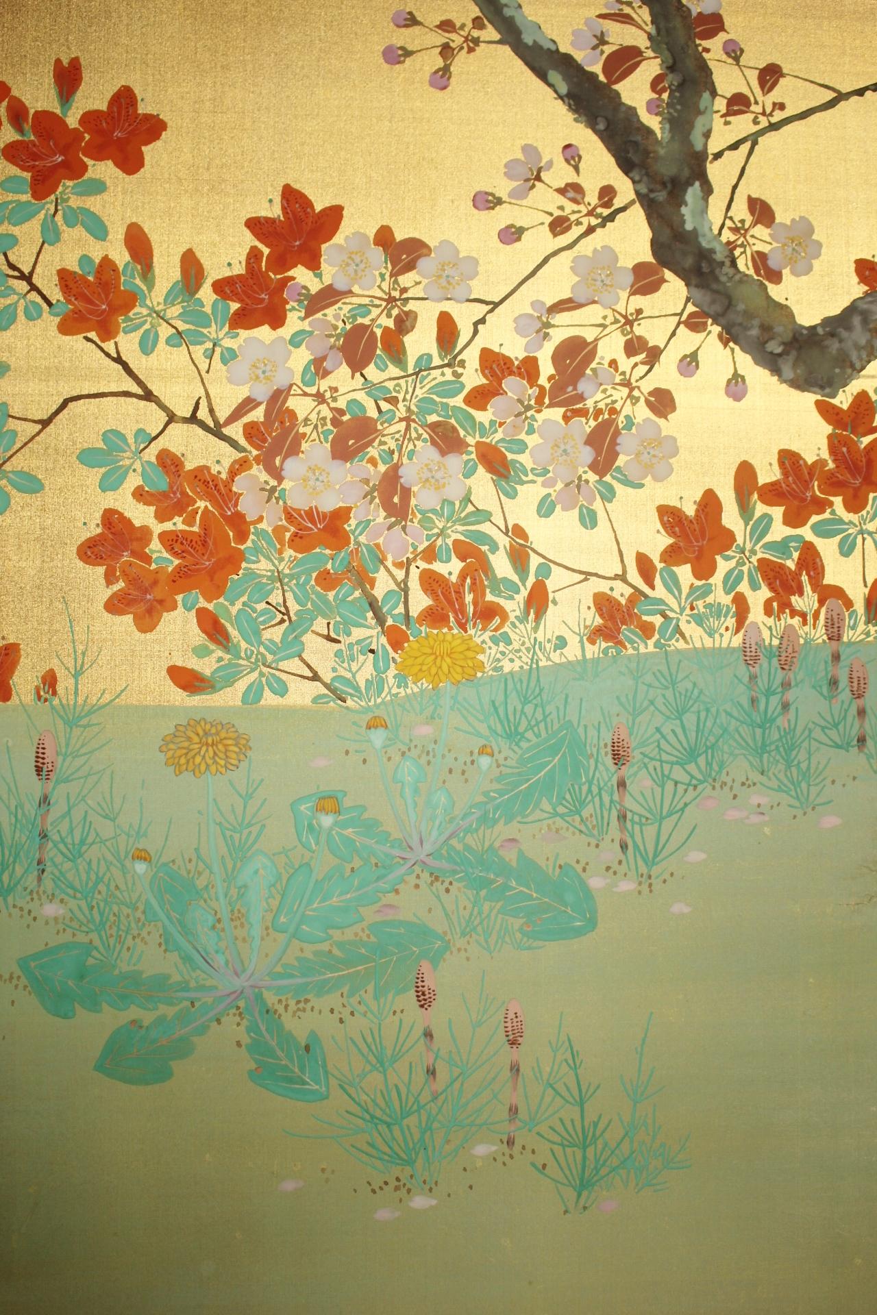 B35 Japanische Antiquitäten Goldhintergrund Blumen Faltwand, 2-tlg. im Angebot 10