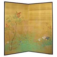 B36 Japanese Antiques Gold background flowers folding screen, 2-panel