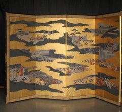 B129 Japanese Old Antiques, An Old Japanese Battle Scene Folding Screen, Byobu