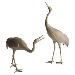 F38 Japanese Antiques Brass Crane Pair Ornament Modern Design