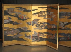 B130 Japanese Old Antiques, An Old Japanese Battle Scene Folding Screen, Byobu