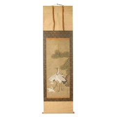 K35 Old Japanese Antiques A hanging scroll, Cranes with Pine on silk