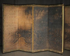 B132 Japanese Old Antiques, Ink dragon on a silver background, Byobu, screen