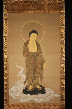 K37 Ancien rouleau suspendu japonais sur papier : *Raigō-zu* Bouddha Amitābha