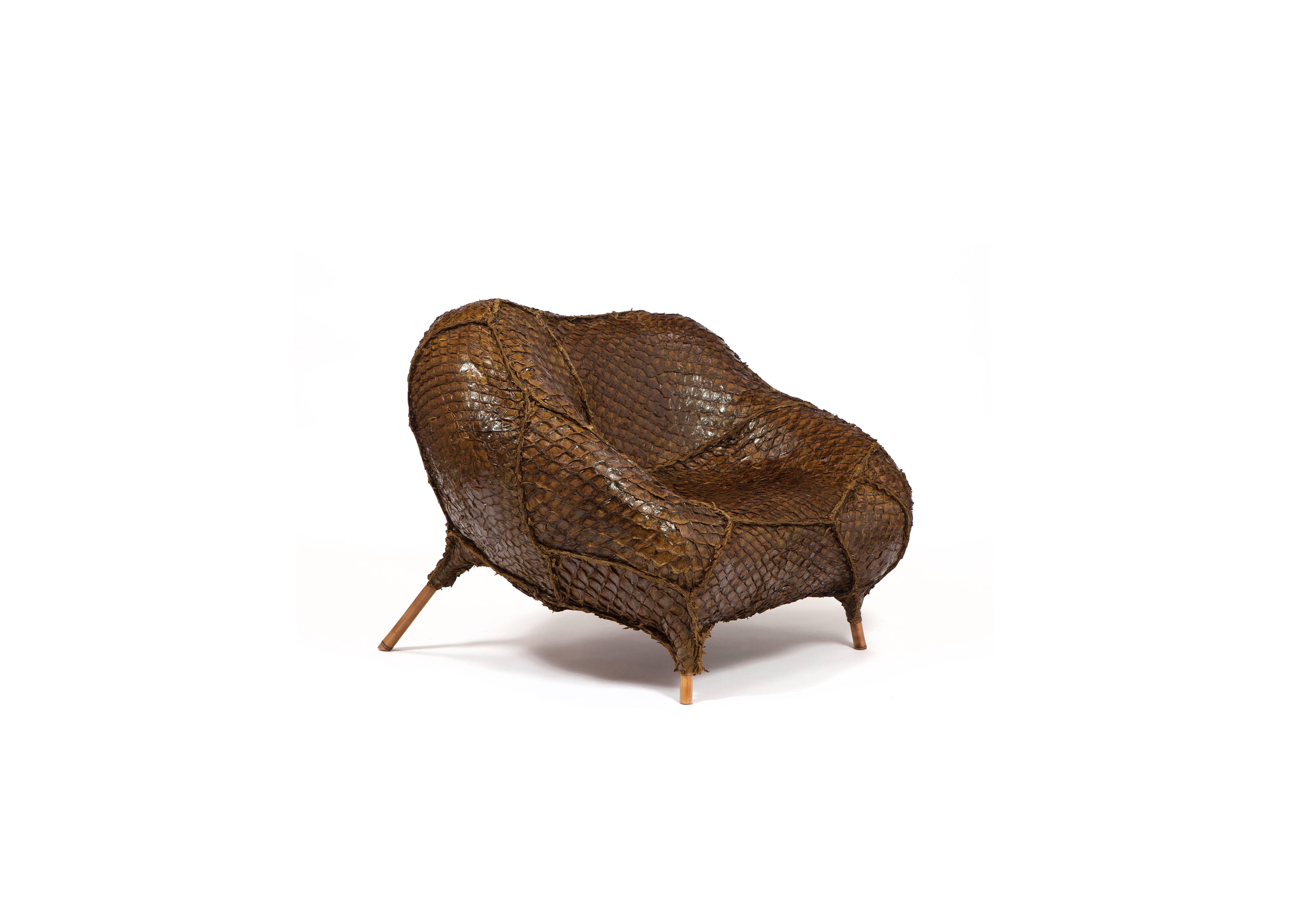 Brazilian design duo and brothers Fernando and Humberto Campana created this armchair using leather from the skin of a pirarucu fish. This Amazonian fish is one of the largest types of fresh water fish in the world.

The Campana Brothers, Fernando