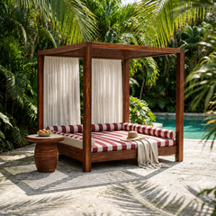 Paraggi Outdoor Double Sunbed in Iroko Wood with Striped Cushions
