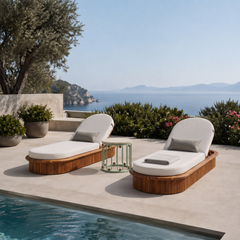 Toulon Outdoor Side Table: Travertine Top, Lacquered RAL 6019 & Iroko Details