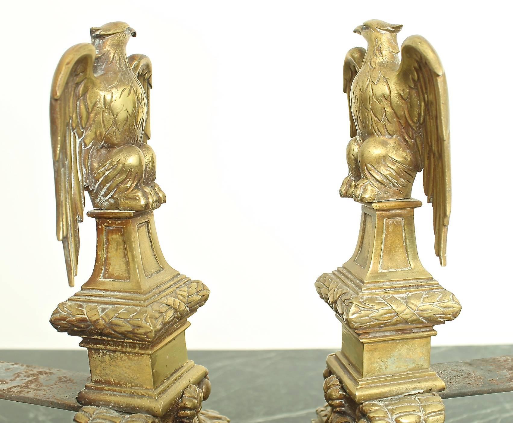 Spanish Set of Two Fireplace Andirons Representing an Eagle in Copper For Sale