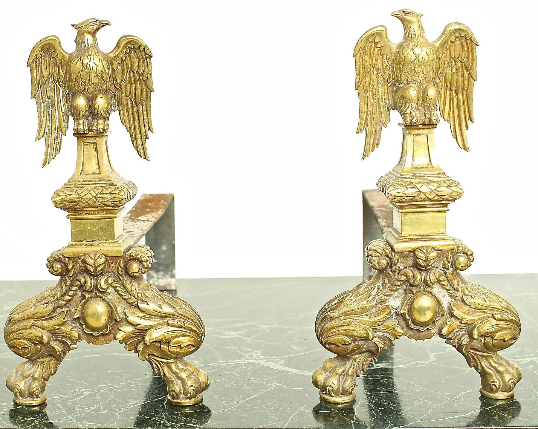 Other Set of Two Fireplace Andirons Representing an Eagle in Copper For Sale