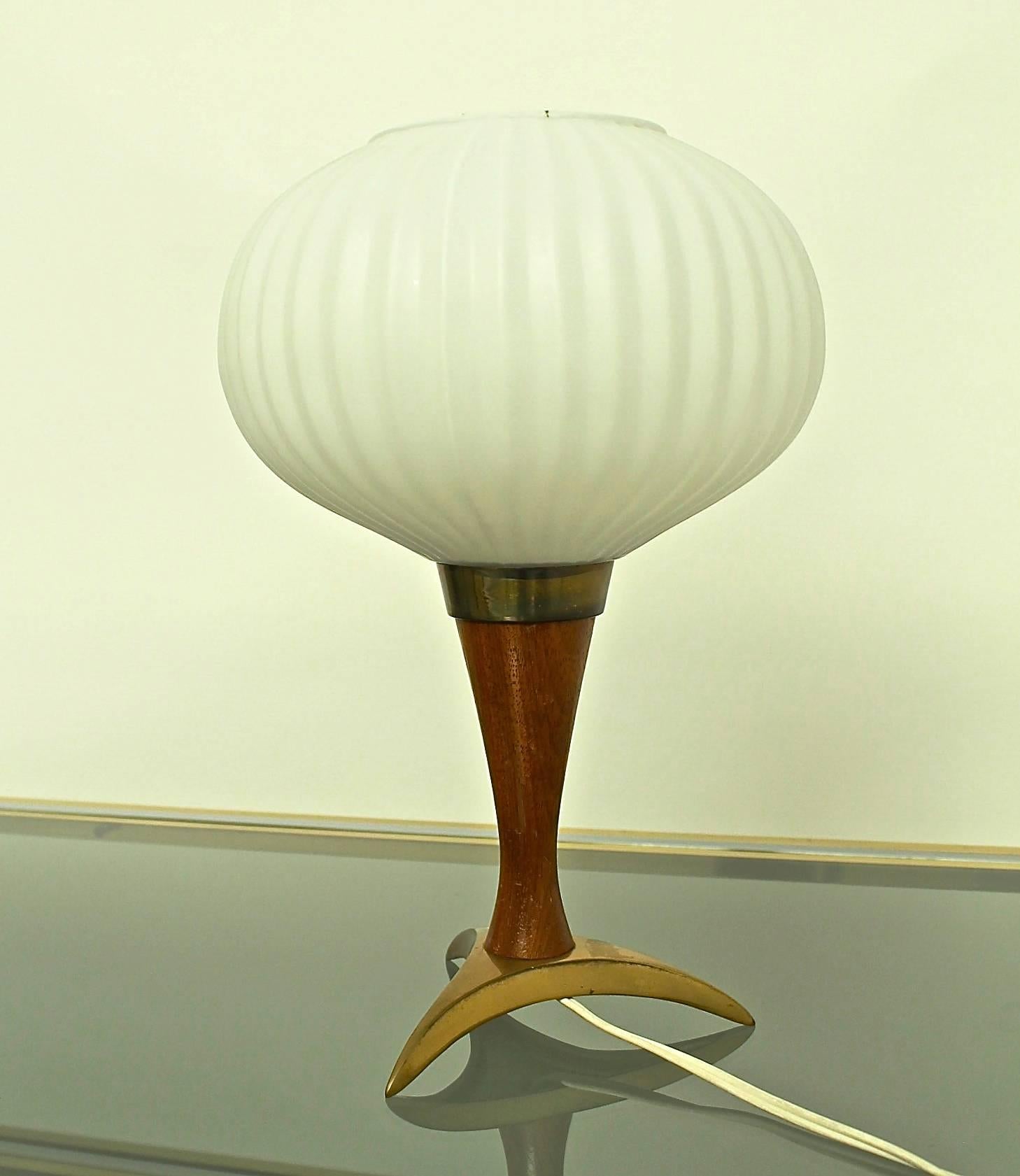 Mid-Century Modern Elegant and Rare Opaline, Brass and Wood Desk Lamp