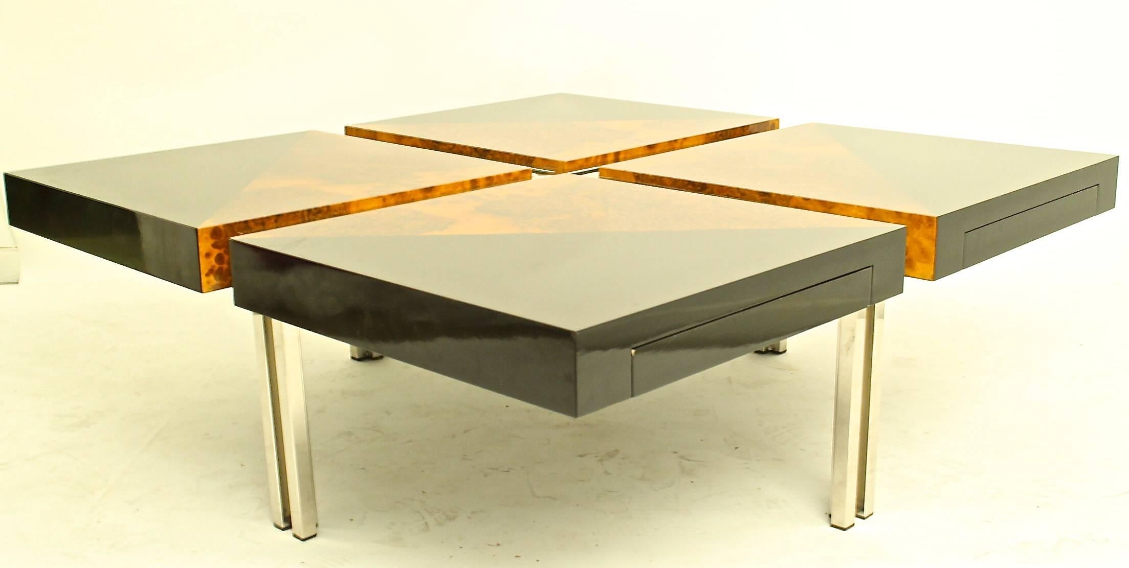 Stunning root and solid wood coffee table. The metal and wood base has two crossed diagonals on polished metal. the high-gloss lacquered wood base, presents two different colours resulting a very elegant composition. The table is in an excellent