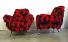 1950 Radice-Minotti Red and Black Synthetic Fur Armchairs