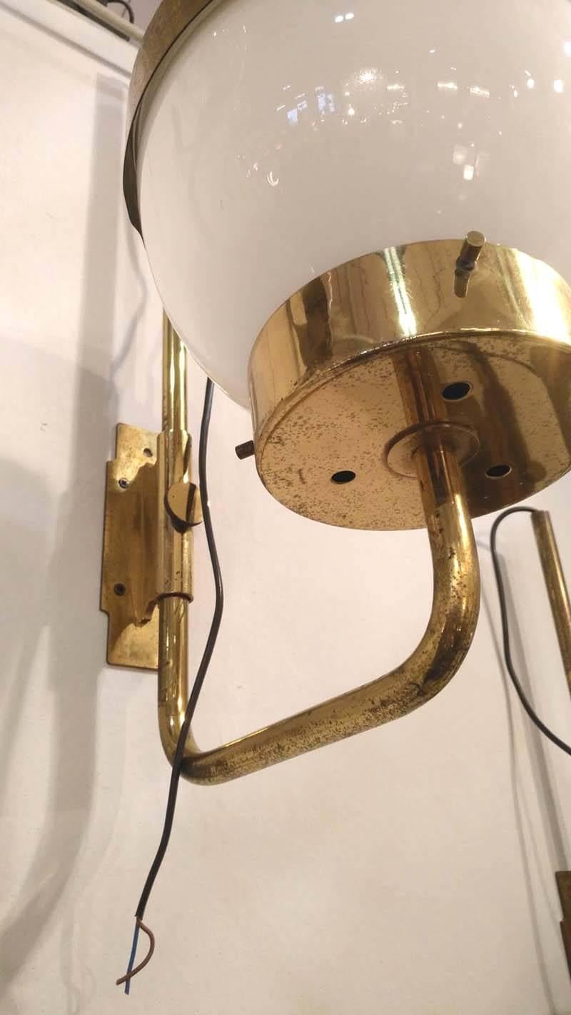 Mid-Century Modern Three White Opaline Glass and Brass Sconces by Sergio Mazza, 1950 For Sale