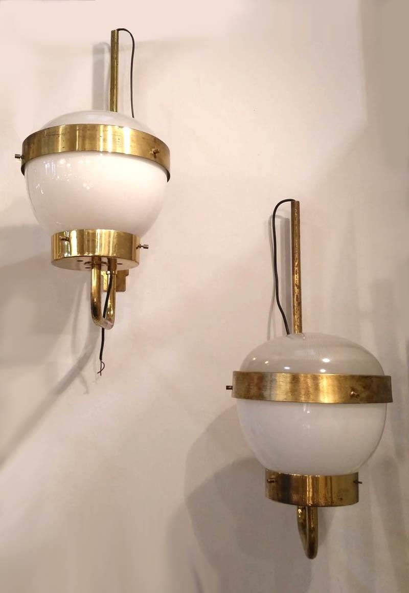 Beveled Three White Opaline Glass and Brass Sconces by Sergio Mazza, 1950 For Sale
