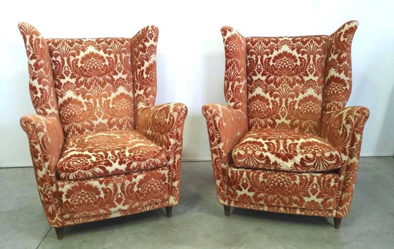 Italian Orange Damask Velvet Wing Armchairs by Melchiorre Bega  For Sale
