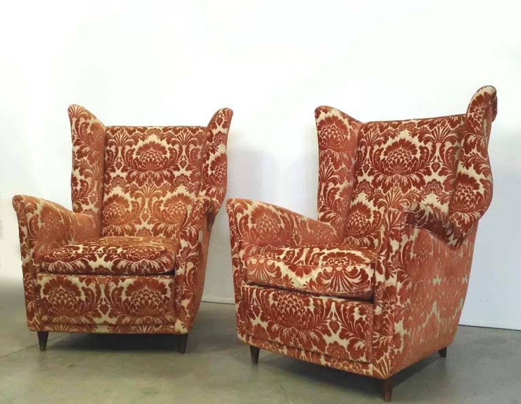 Hand-Crafted Orange Damask Velvet Wing Armchairs by Melchiorre Bega  For Sale
